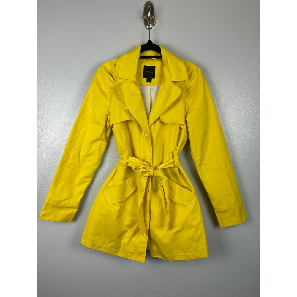 Y2K Express Yellow‎ Trench Coat Small Belted Button Up Lined Jacket Preppy